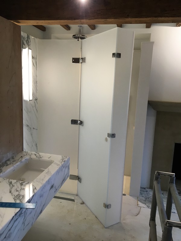 Bespoke frosted glass shower enclosure in Tulse Hill luxury bathroom
